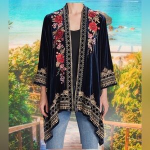 Johnny Was Meri Floral Embroidered XXL Velvet Open Draped Cardigan Jacket